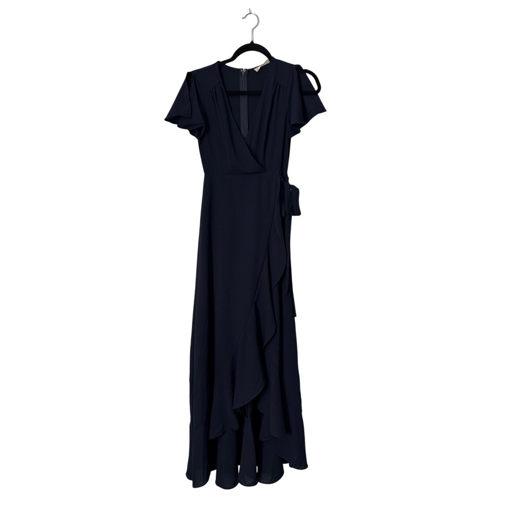 Altar'd State Springvale Dress Size XS Navy Blue Faux Wrap Ruffle Tie Waist Maxi